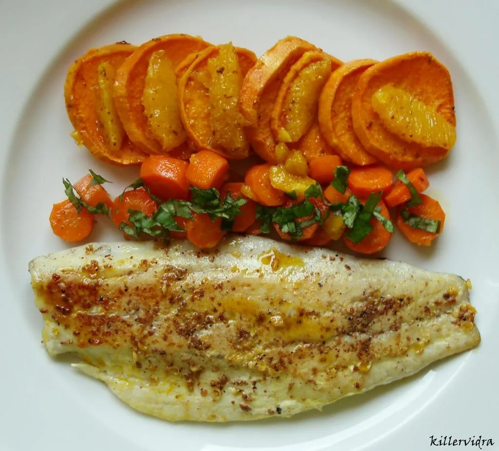 Barramundi filé narancsos sárgarépával édesburgonya chipsszel